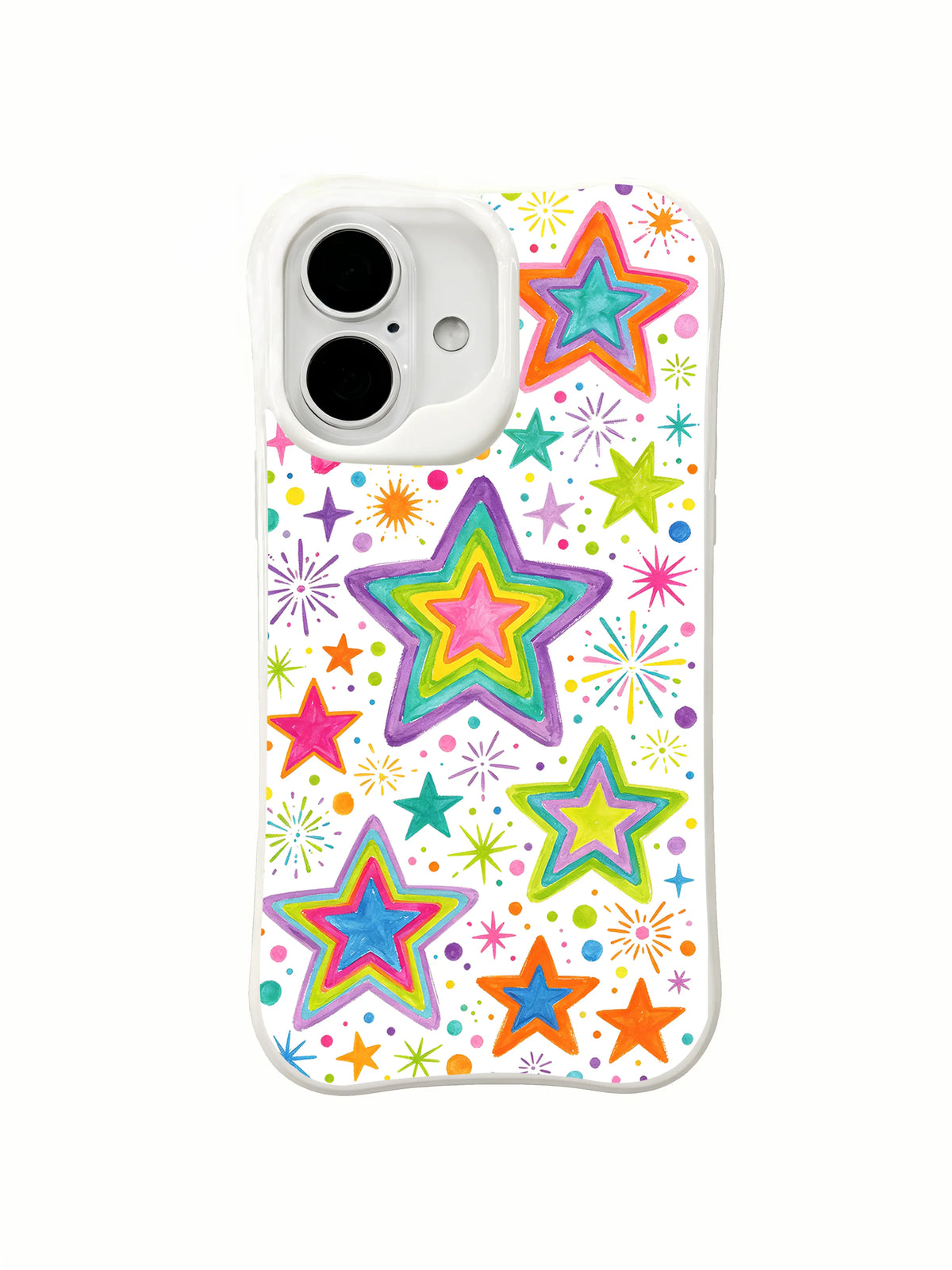 Sunshine Layered Stars: Katmanlı gökkuşağı çizgili yıldızlar, daha küçük dolu yıldızlar ve renkli ışınsal parıltılarla karışır.