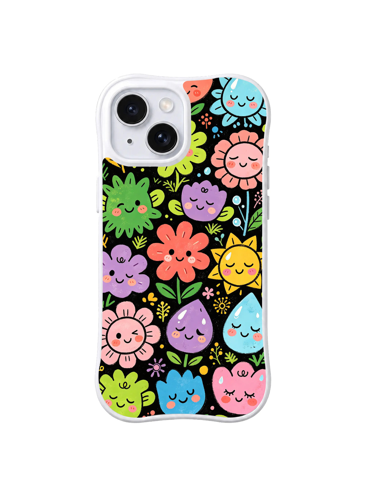 Midnight Bloom Circle: Coral, pink, yellow, green and purple smiling flowers and raindrops repeat on black.