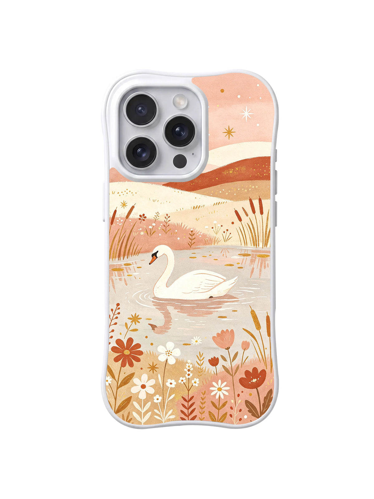 Swan Meadow at Dusk: A left-facing white swan and reflection above a foreground of rust, peach and white flowers.