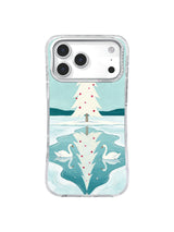 Two white swans approach an ivory fir reflection on an icy blue iPhone 17 Pro case