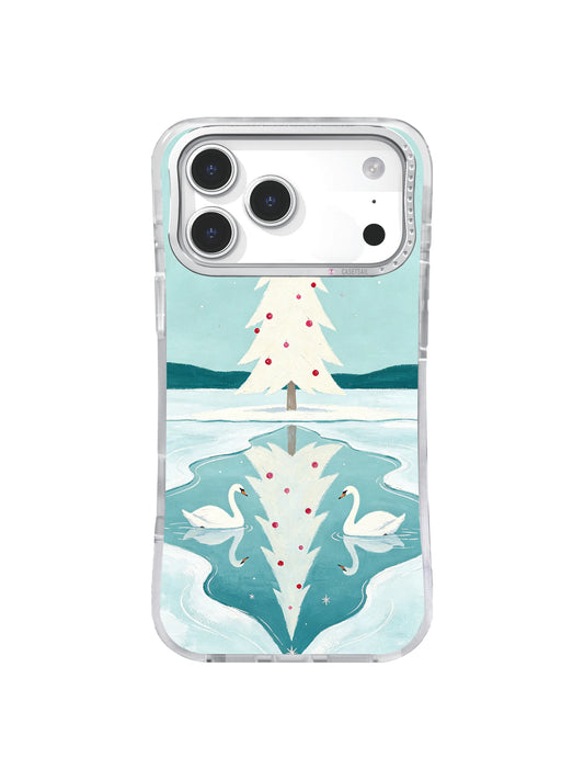 Two white swans approach an ivory fir reflection on an icy blue iPhone 17 Pro case
