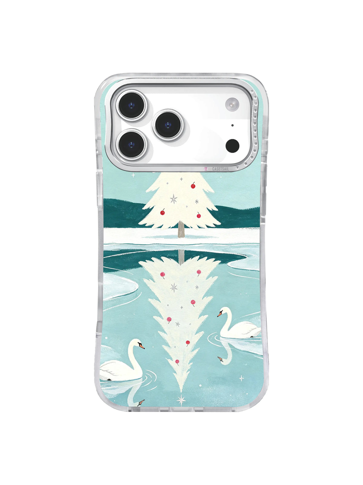 Swan pair beside a mirrored winter fir and rose berries on an iPhone 17 Pro case