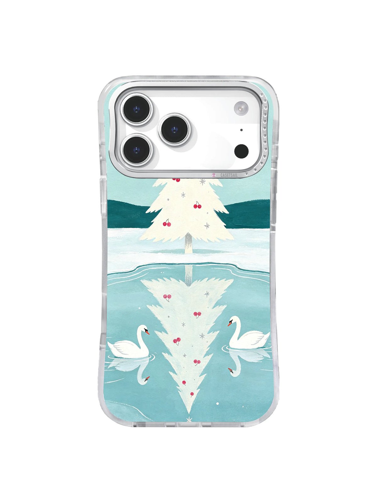 Ivory fir reflected in a pale cyan frozen lake on an iPhone 17 Pro case