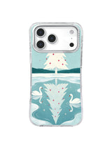White swans and elongated fir reflection on a coastal blue iPhone 17 Pro case