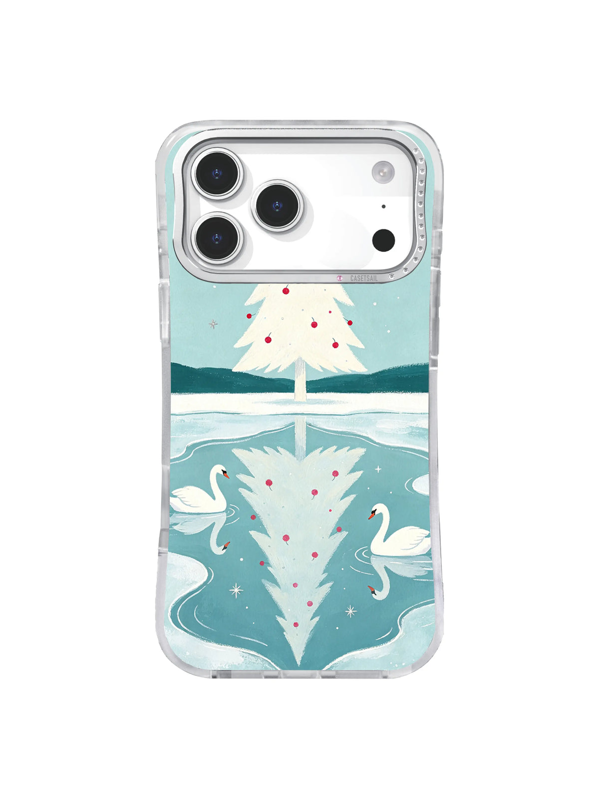 White swans and elongated fir reflection on a coastal blue iPhone 17 Pro case