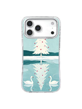 Calm mirror lake with swans, stars, and berry fir on an iPhone 17 Pro case
