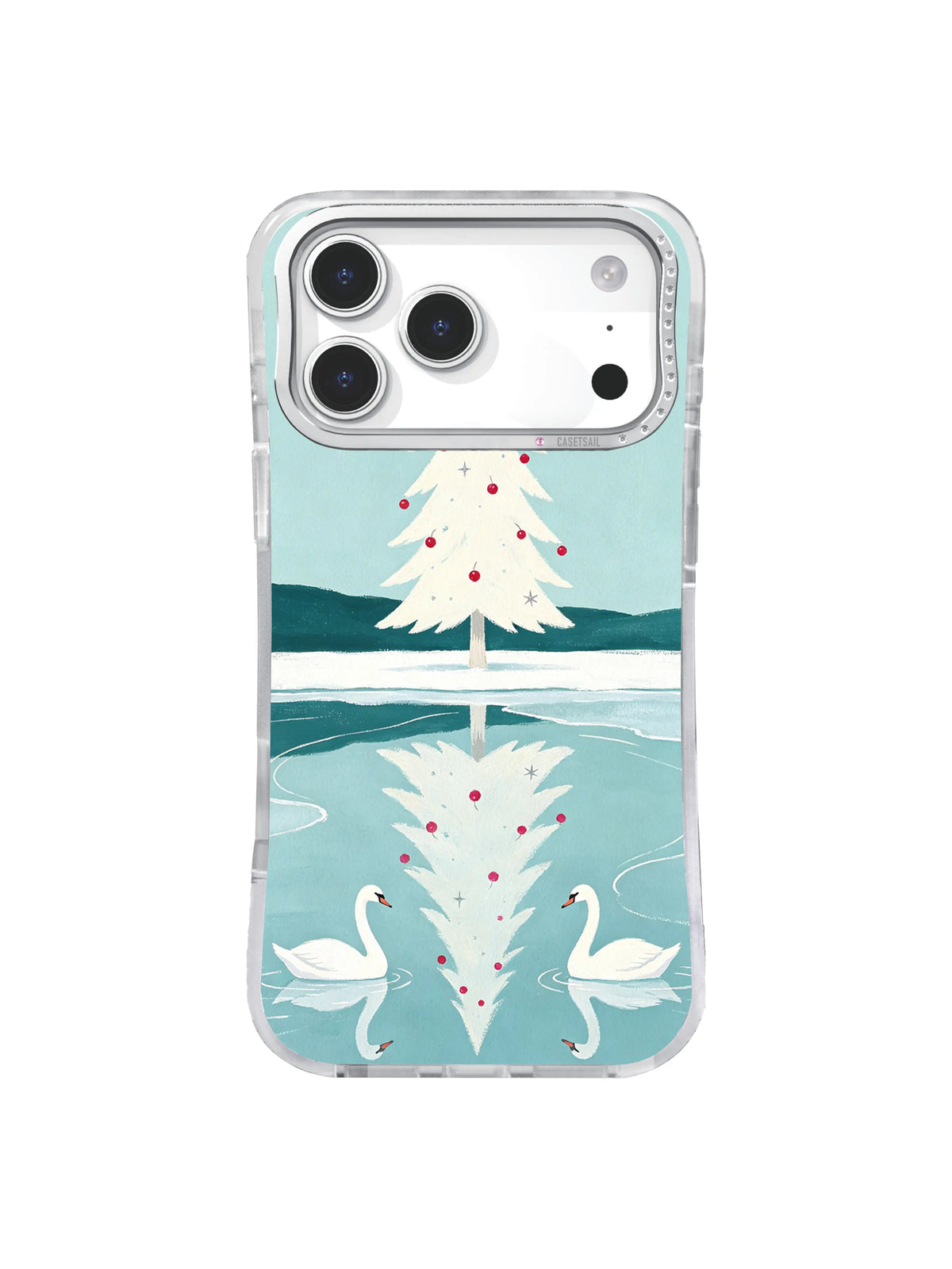 Calm mirror lake with swans, stars, and berry fir on an iPhone 17 Pro case