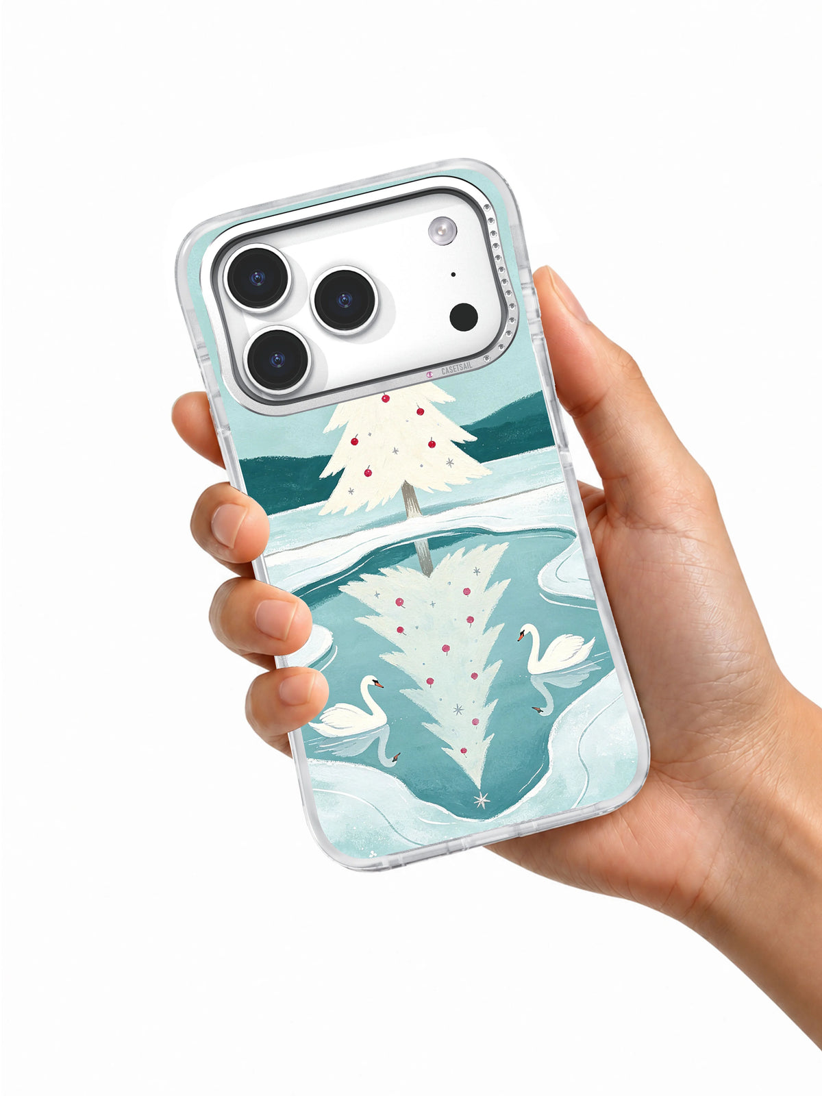 Hand holding the Swan Mirror Fir iPhone 17 Pro case