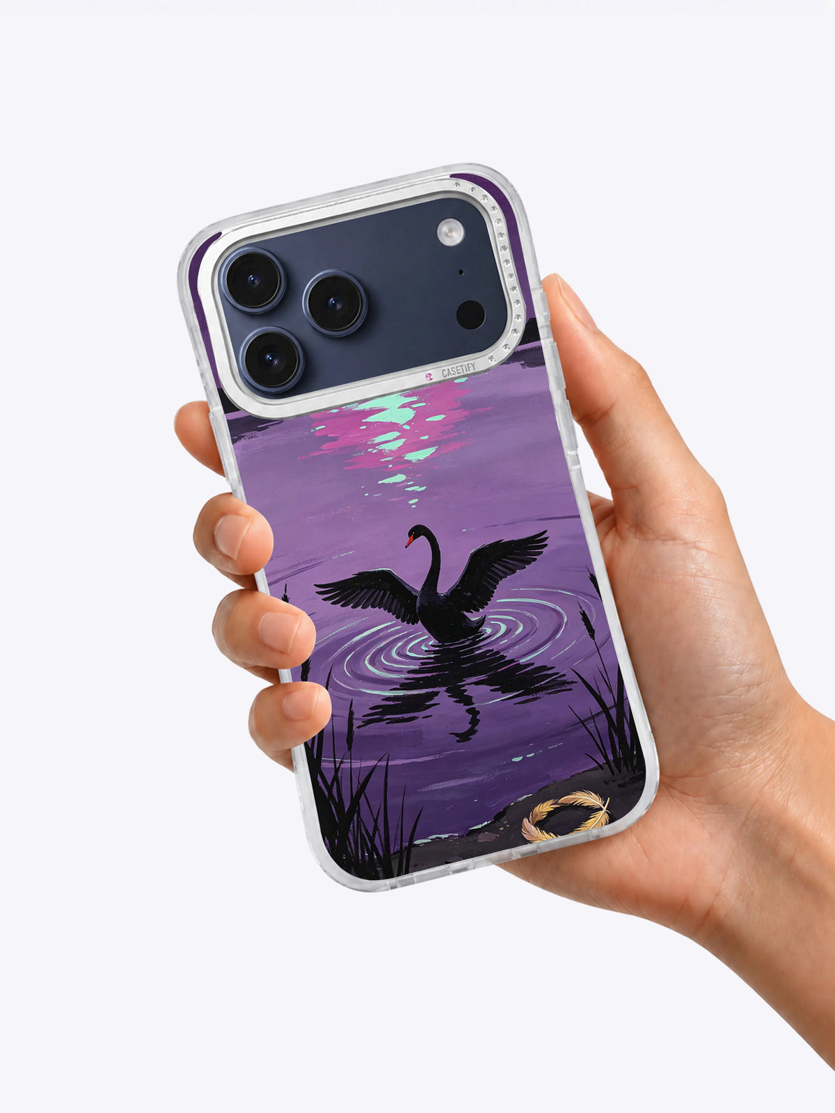 Hand holding Swan of the Violet Lake iPhone case