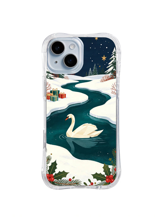 Clear-edge iPhone 14 case with a cream swan gliding through a dark teal Christmas winter lake