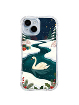Clear-edge iPhone 14 case showing a cream swan, winding teal water, snowy banks and holiday gifts