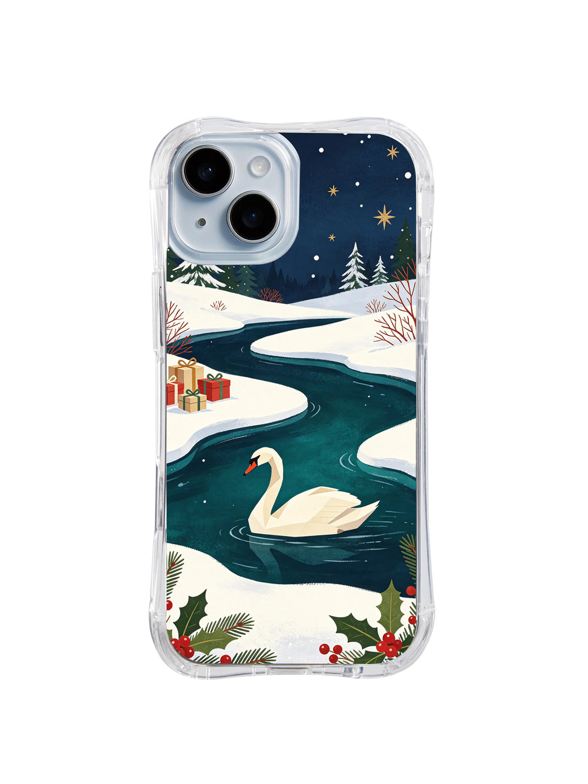 Clear-edge iPhone 14 case with a swan on a moonlit teal channel framed by red berries and snow
