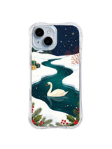 Clear-edge iPhone 14 case featuring a swan beneath gold stars on a winding winter lake