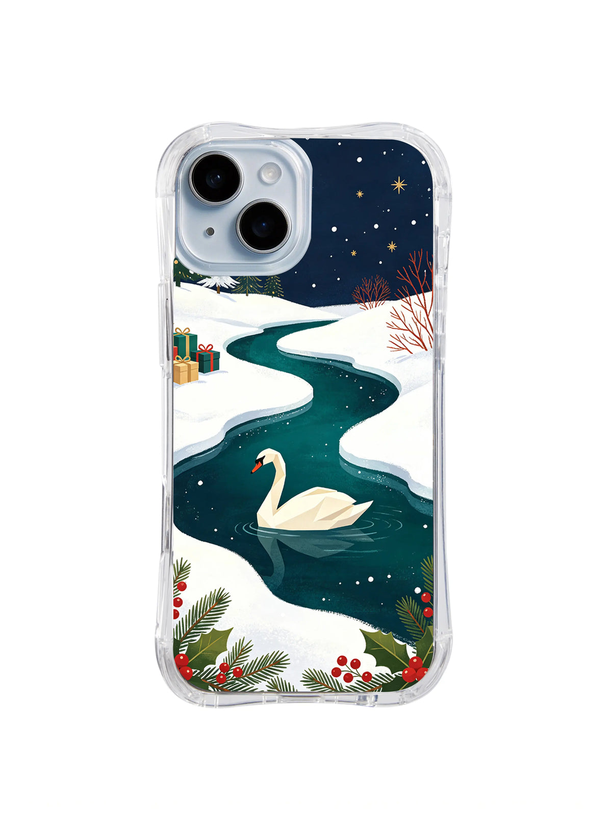 Clear-edge iPhone 14 case featuring a swan beneath gold stars on a winding winter lake