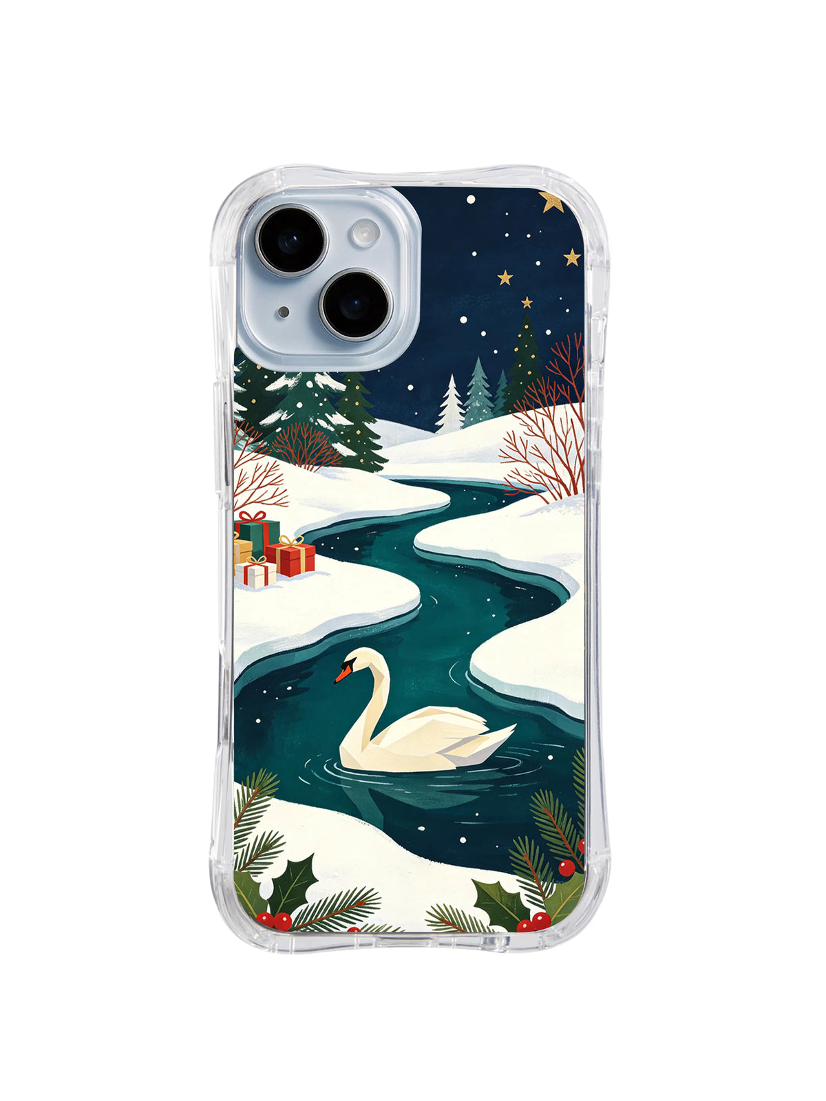 Clear-edge iPhone 14 case with an ivory swan, evergreen trees, cranberry berries and gift boxes
