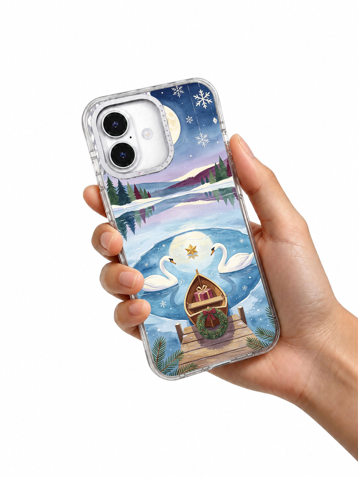 Swans of the Winter Moon iPhone 17 case held in hand