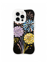 Flower Fireworks Parade: Blue, lavender and yellow flower heads rise on long firework-like stems against black.
