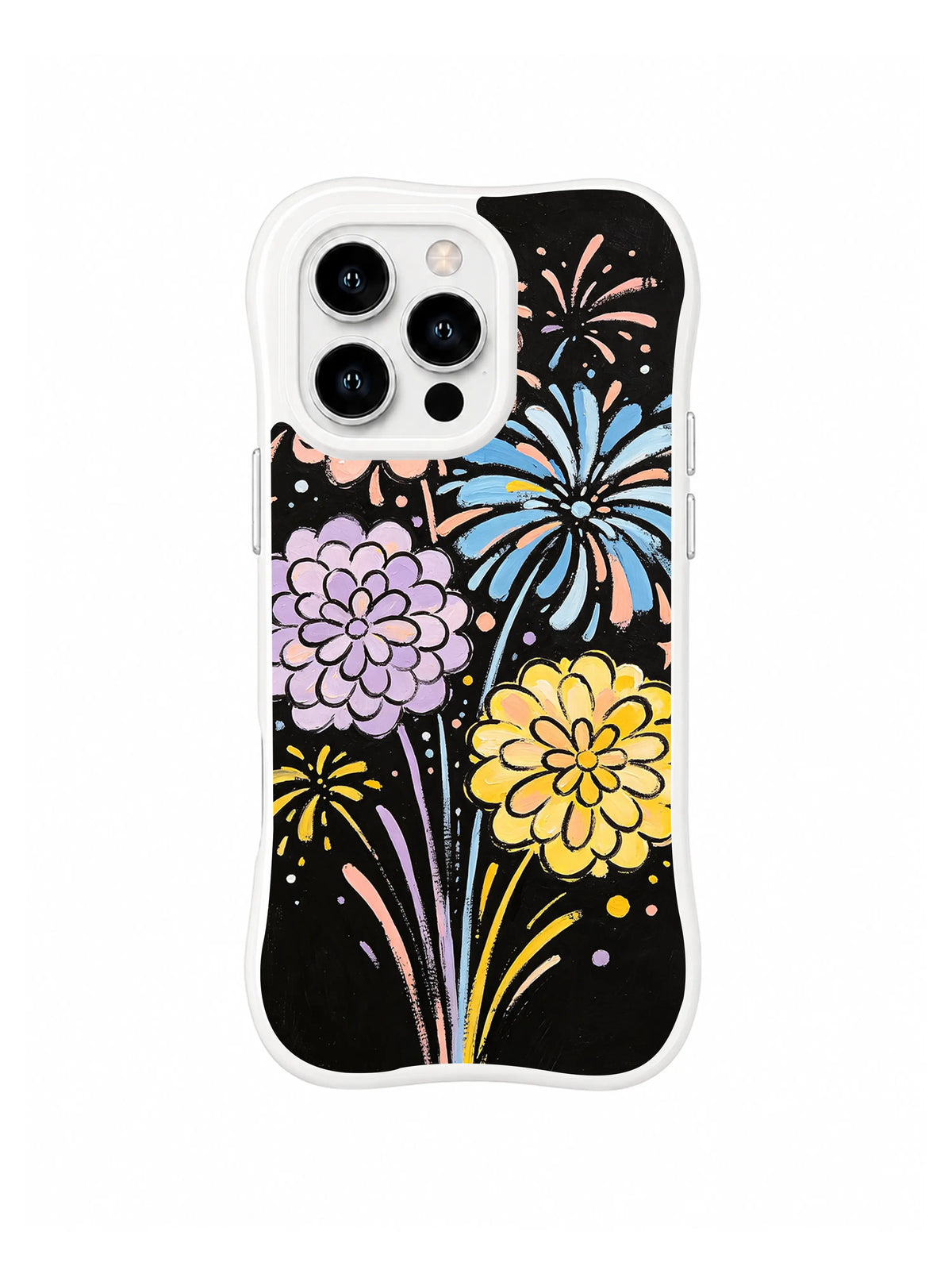 Flower Fireworks Parade: Blue, lavender and yellow flower heads rise on long firework-like stems against black.