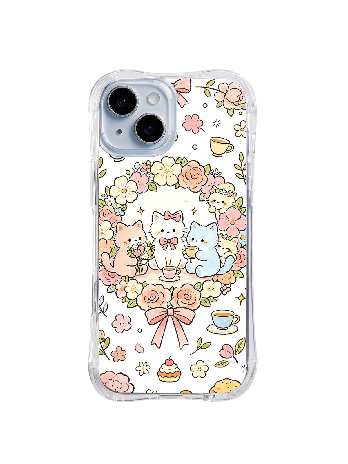 Rose Wreath Cat Tea: Pastel kediler büyük pembe fiyonkla tamamlanan gül ve papatya çelenginde çay paylaşır.