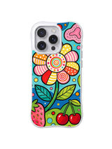 Candy Stripe Flower: A large striped flower stands among candy shapes, strawberries and cherries.
