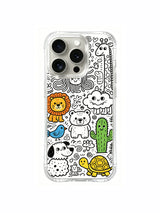 Mixed cartoon monster zoo doodle artwork on an iPhone 15 Pro case