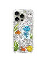 Mixed cartoon sea-life doodle artwork on an iPhone 15 Pro case