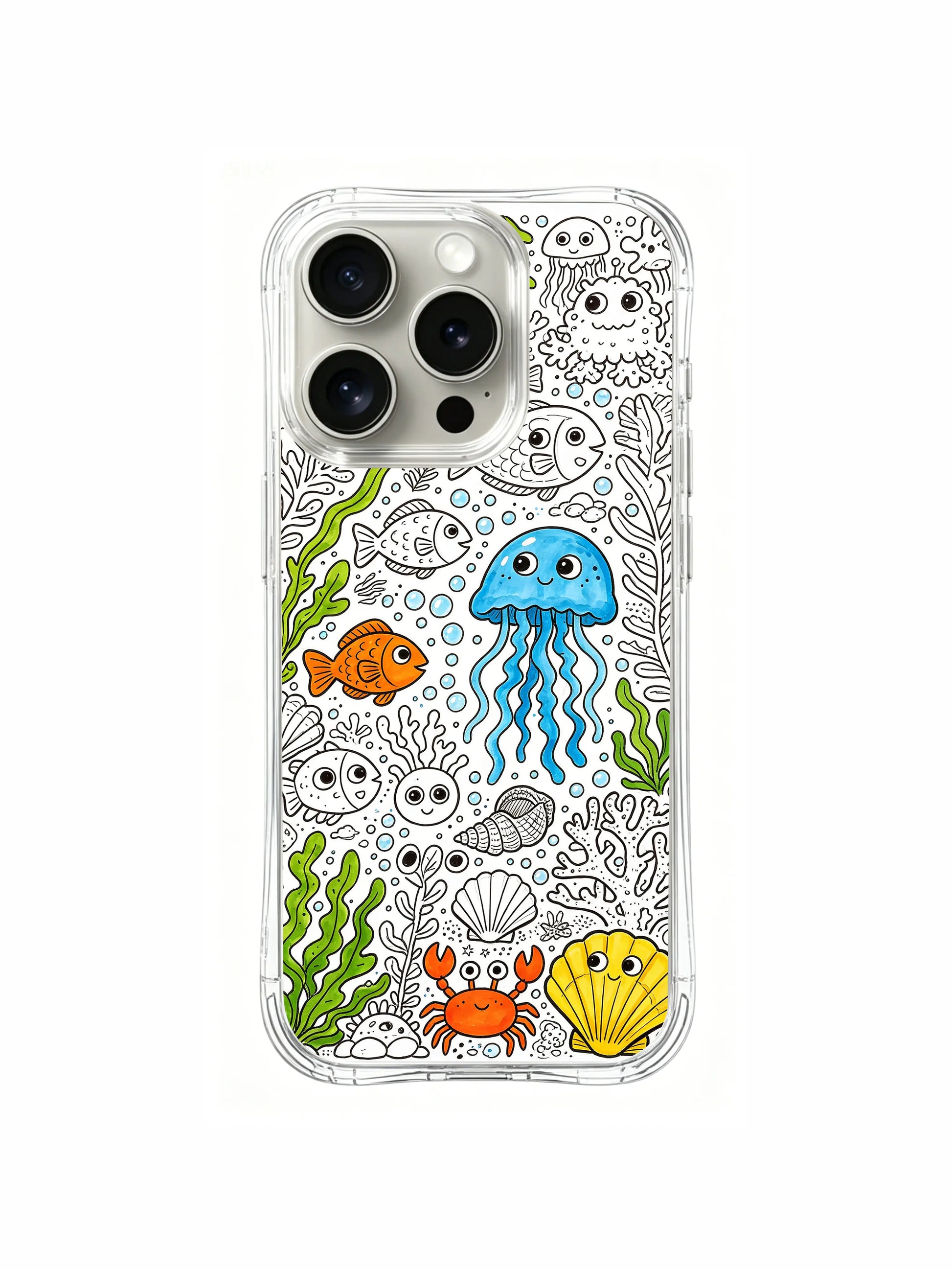  Whimsical sweet-style mixed sea life doodle iPhone 15 pro Case, non-fade durable phone casing, ready-to-wrap holiday gift phone cover manufactured at PhoneCasing.