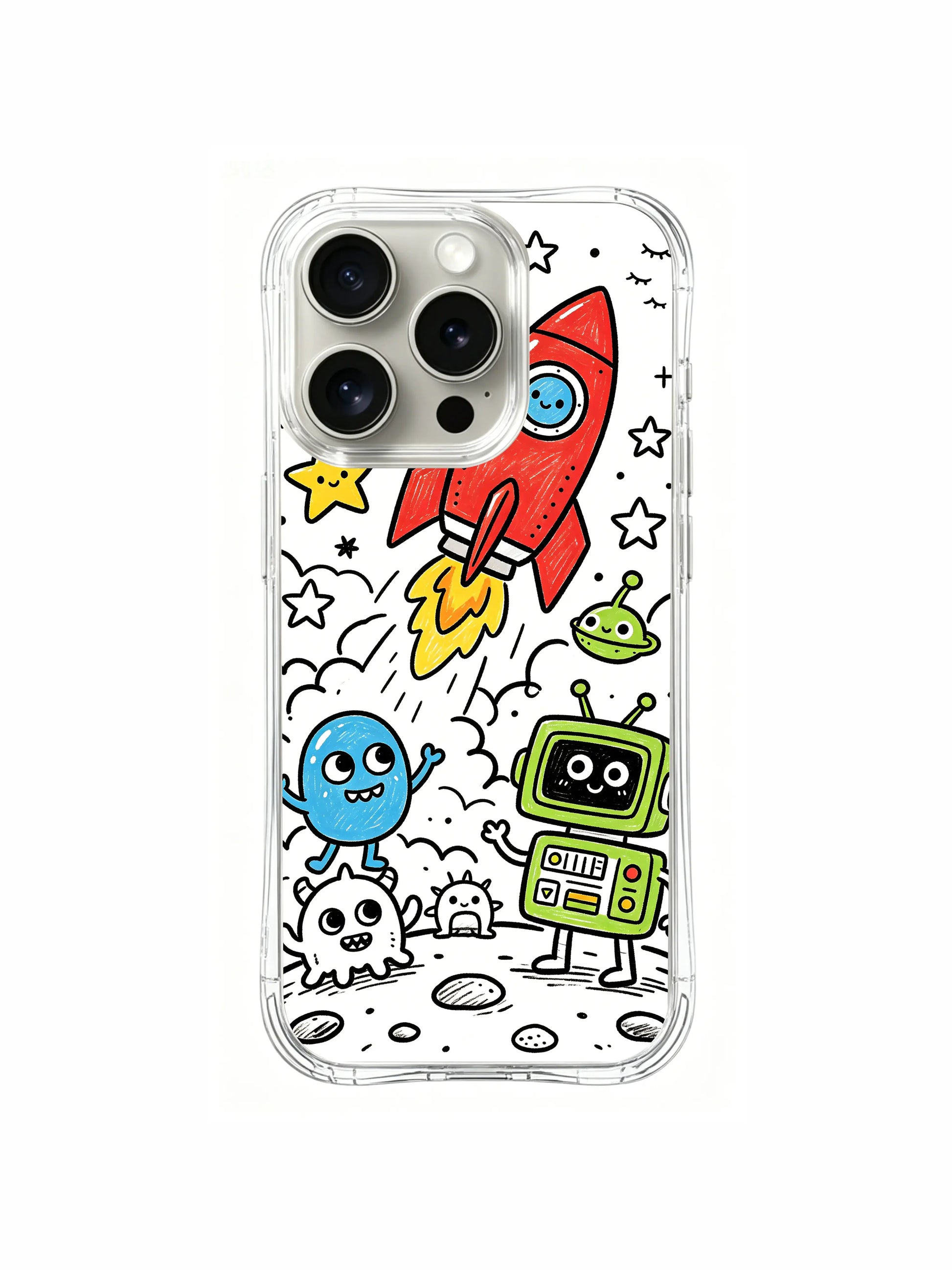Whimsical sweet-style mixed space monster doodle iPhone 15 pro Case, non-fade durable phone casing, ready-to-wrap holiday gift phone cover made at PhoneCasing.