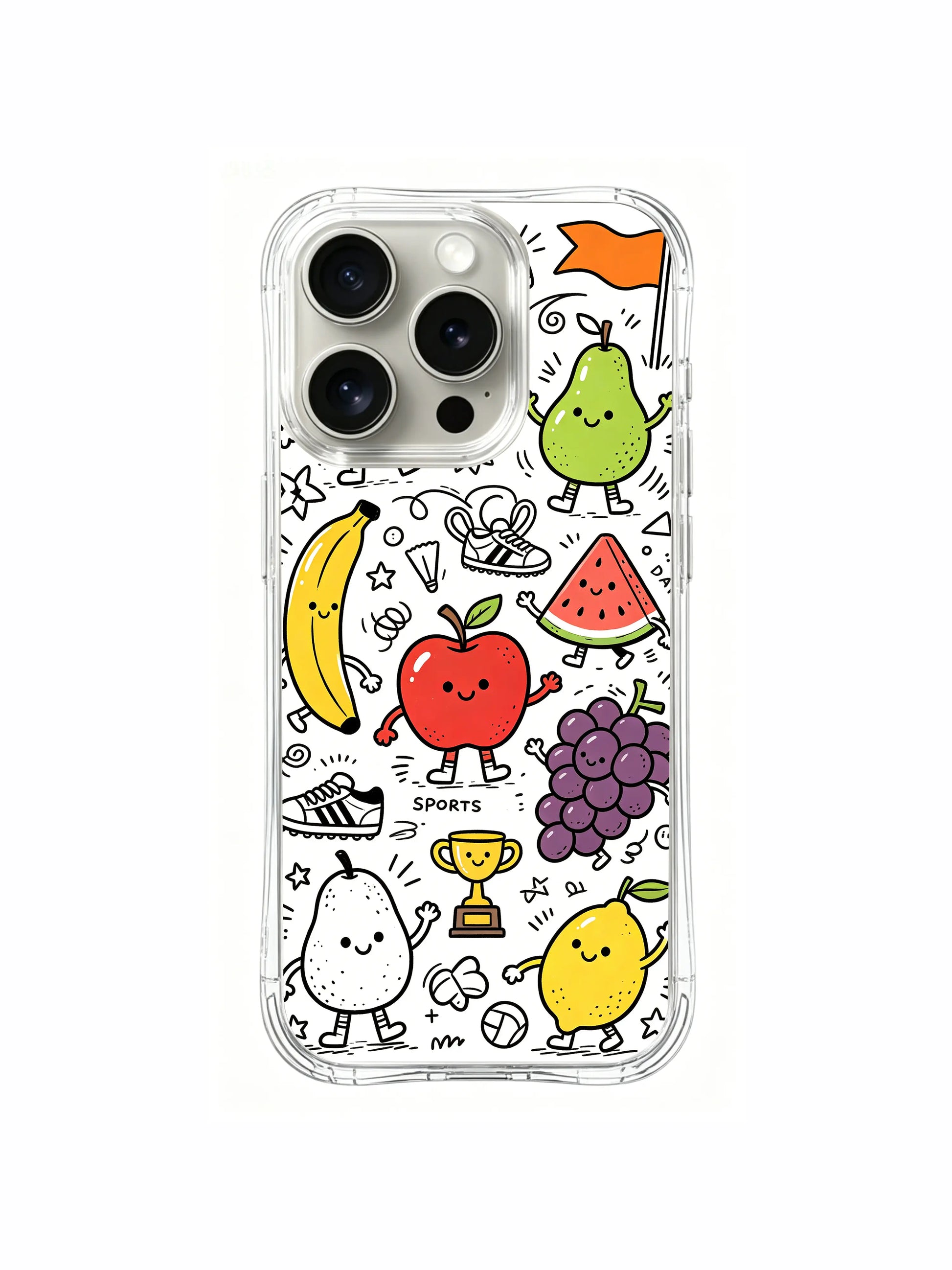  Whimsical sweet-style mixed tropical fruit athlete doodle iPhone 16 pro Case, non-fade durable phone casing, ready-to-wrap holiday gift phone cover made at PhoneCasing.