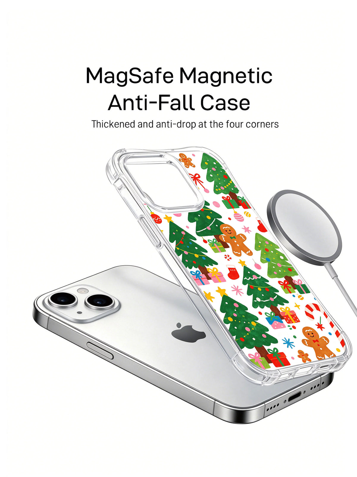 Sweet Christmas Candy Forest: A phone, separate illustrated case and round accessory in a product render.