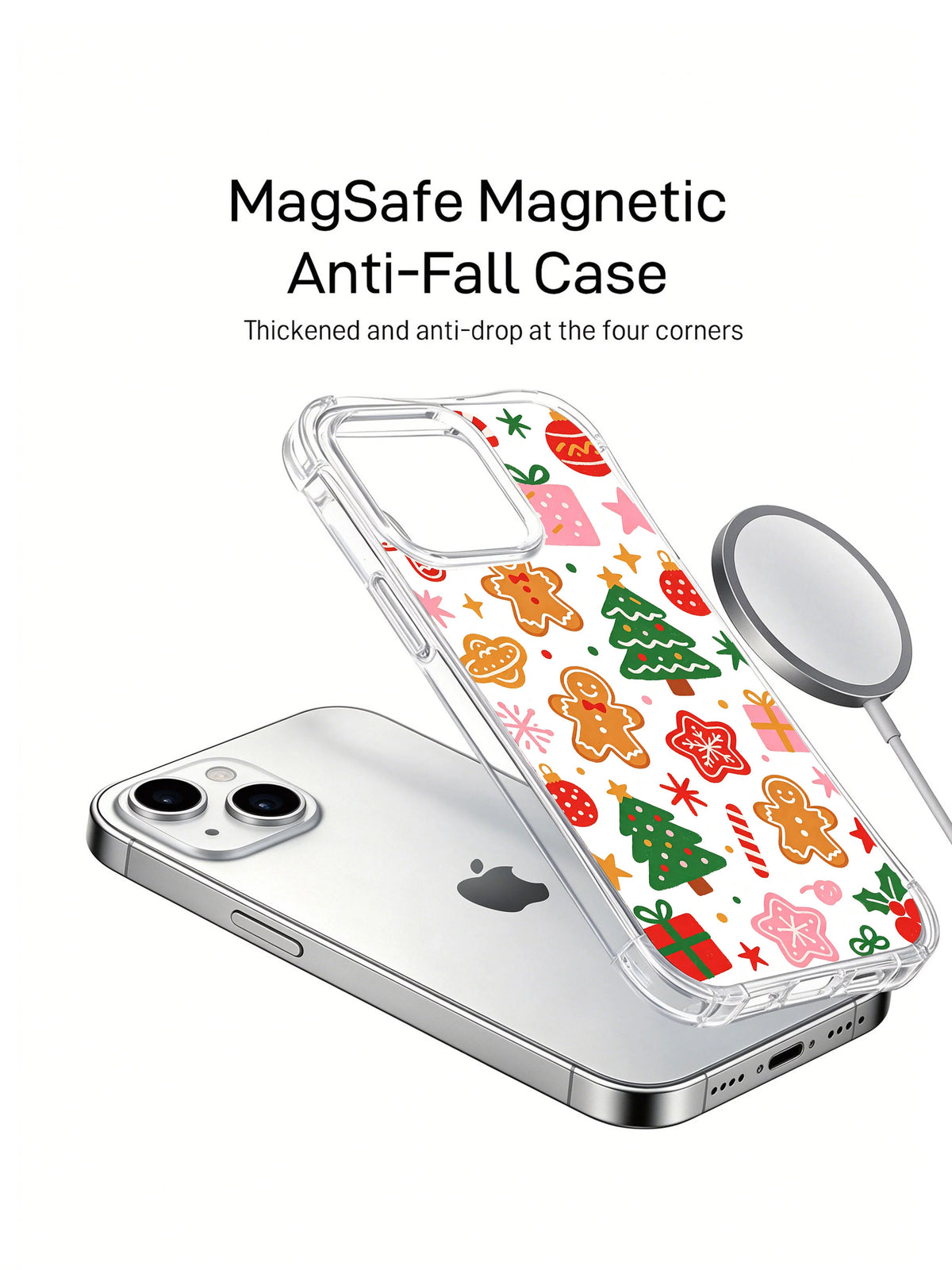 Sweet Christmas Cookie Party: A phone, separate illustrated case and round accessory in a product render.