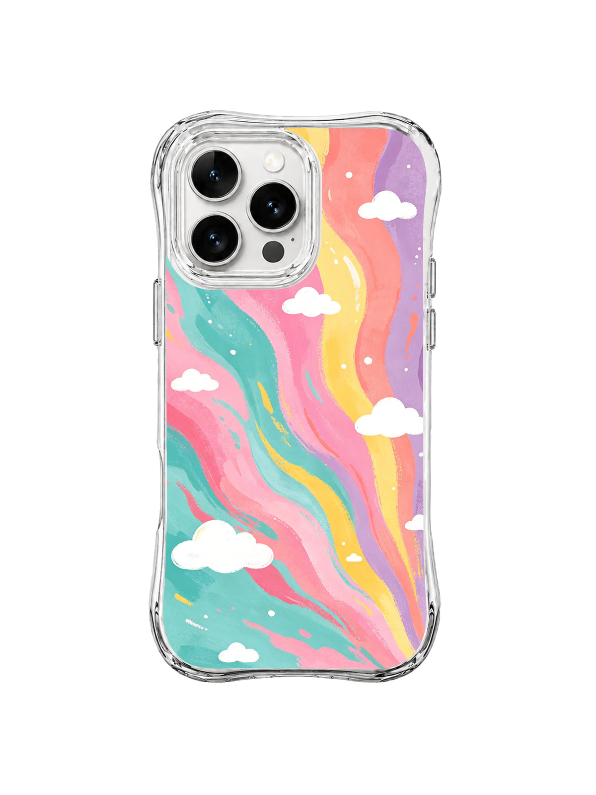 Candy Sky Currents: Küçük beyaz bulutlar dikey turkuaz, pembe, sarı, mercan ve lavanta akıntılarının yanında süzülür.