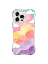 Cloudbank Daydream: Yuvarlak pembe, sarı, mercan ve lavanta bulut katmanları turkuaz göğün altında sıralanır.