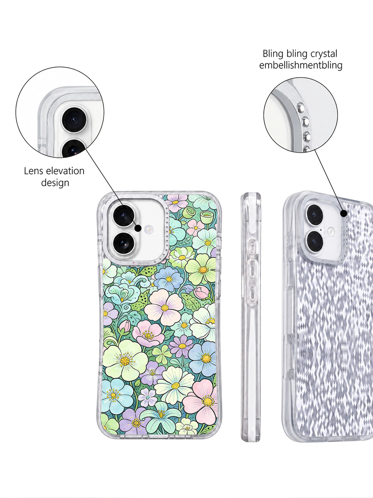 Rhinestone camera frame pastel floral iPhone 17 case detail