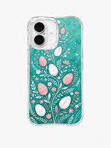 Sweet Meadow Promise / Meadow Promise Branch: Pink and white floral eggs growing from a delicate rising branch over fine turquoise grass marks.