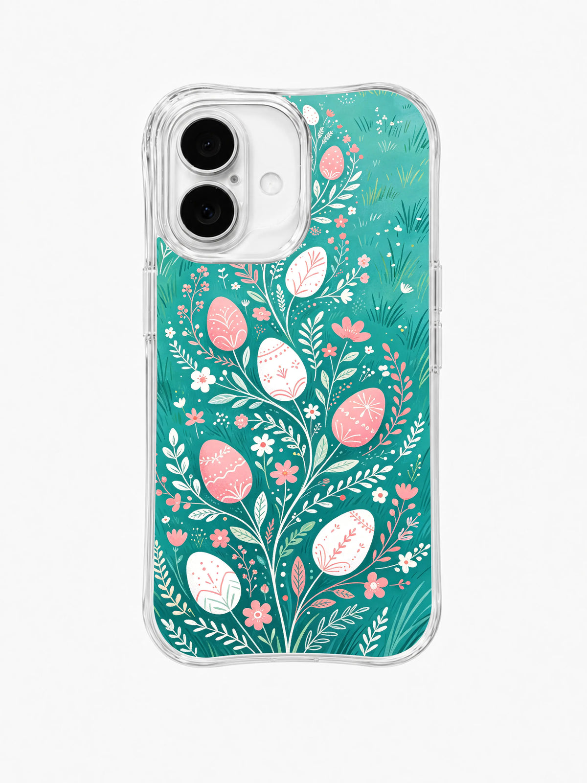 Sweet Meadow Promise / Meadow Promise Branch: Pink and white floral eggs growing from a delicate rising branch over fine turquoise grass marks.