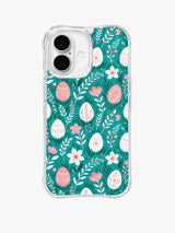 Sweet Meadow Promise: Additional rear view: A full repeat of pastel eggs, white blossoms and fine leafy tendrils on deep turquoise.