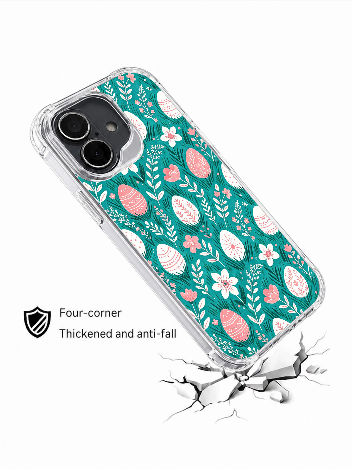 Sweet Meadow Promise: Angled illustrated case above a cracked-surface graphic.