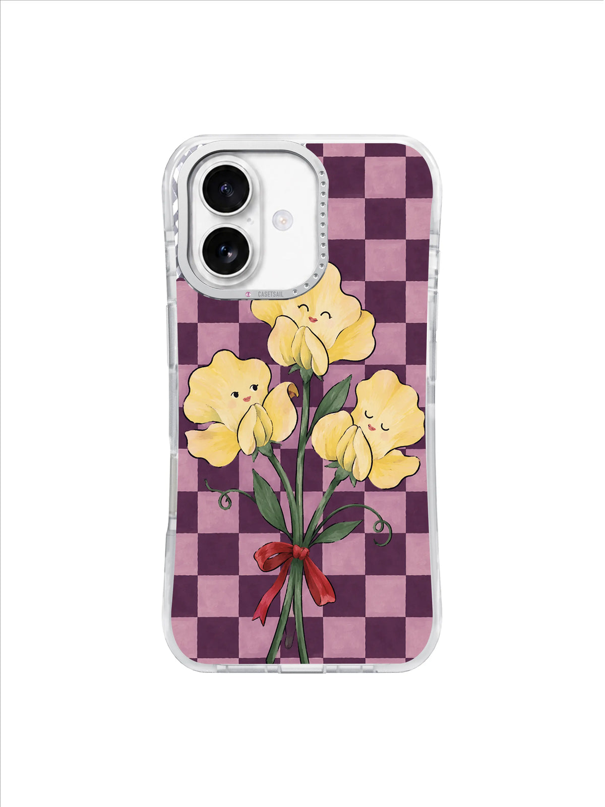 Golden Sweet Pea Trio with green stems and red bow on mauve checkerboard iPhone 17 case