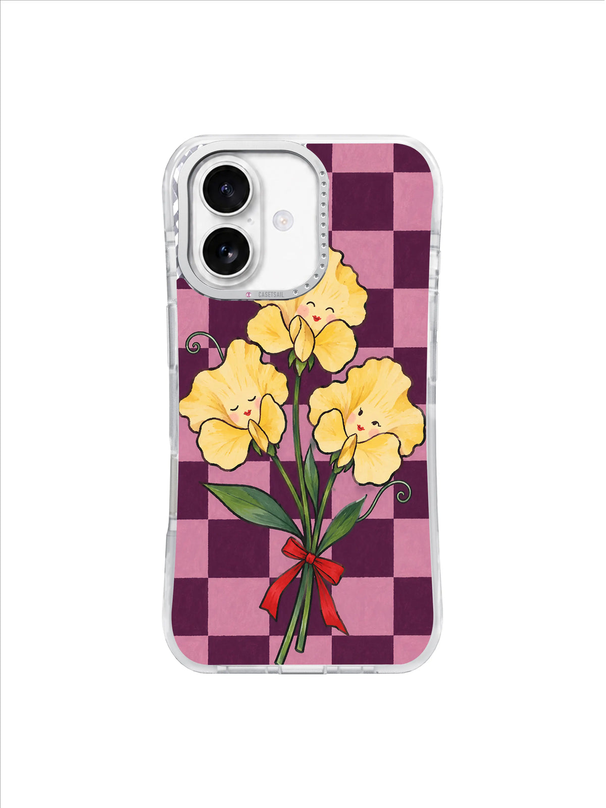 Morning Promise Bouquet of pale yellow sweet peas over dusty-pink checkerboard iPhone 17 case