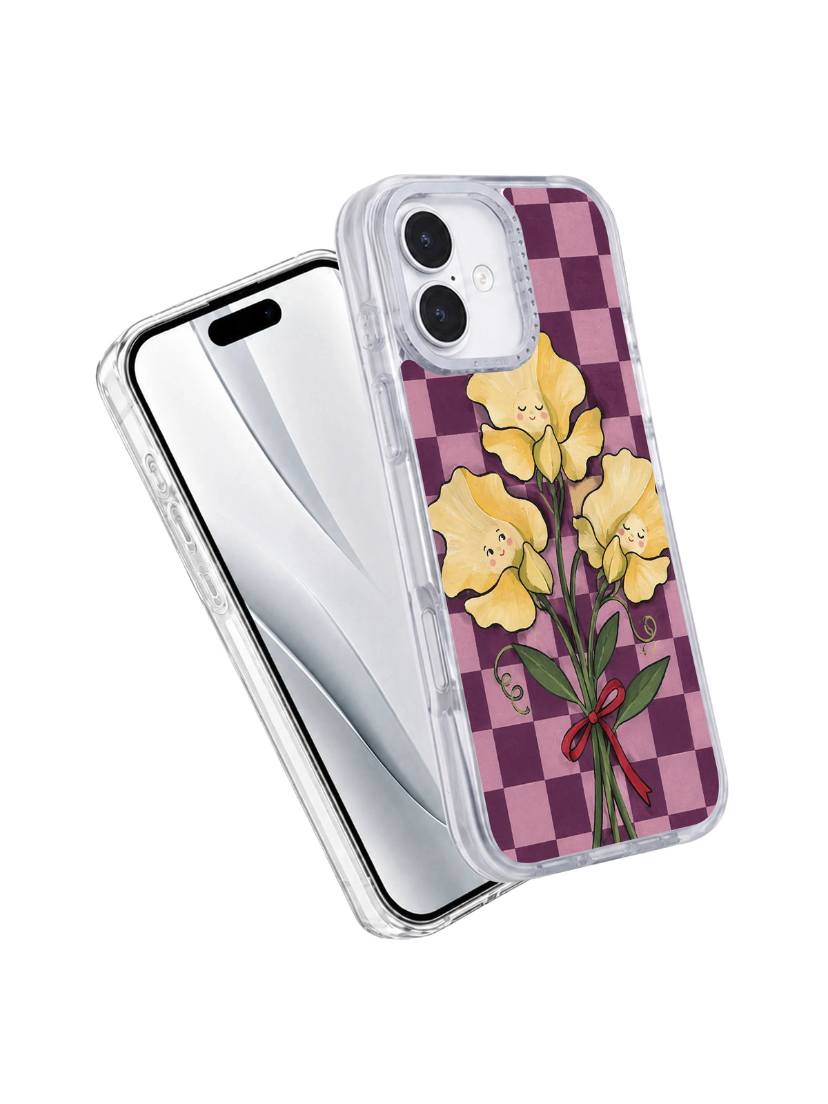 Sweet Peas Tie a Promise iPhone 17 case angled paired view