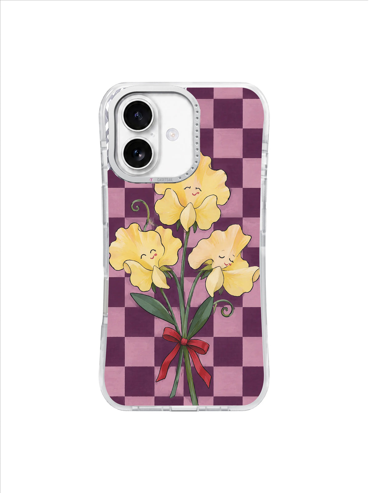 Plum Check Sweet Peas with slender green stems and asymmetric red bow iPhone 17 case