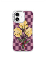 Promise Knot Bouquet cream-yellow sweet peas with cherry-red ribbon on plum checkerboard iPhone 17 case