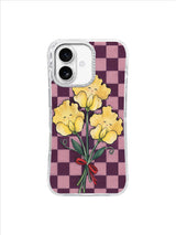 Ribboned Garden Promise yellow sweet pea bouquet on purple checkerboard iPhone 17 case