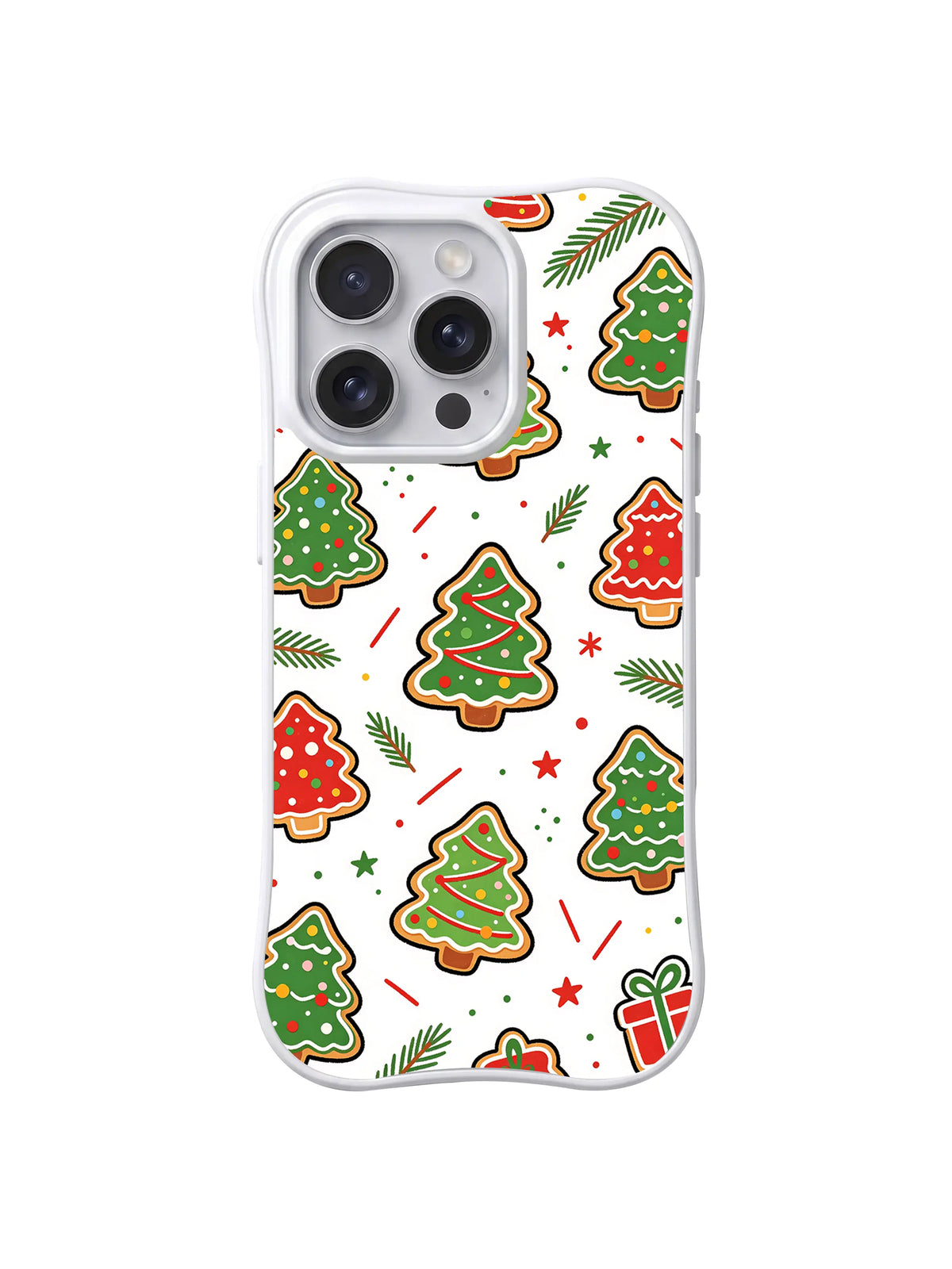 Sweet Pine Wishes / Gift Star Pines: Green and red trees with a small gift, pine sprigs and stars.