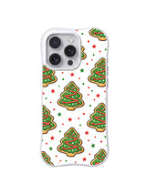 Sweet Pine Wishes: An open repeat of similarly sized green trees with small red-green stars.