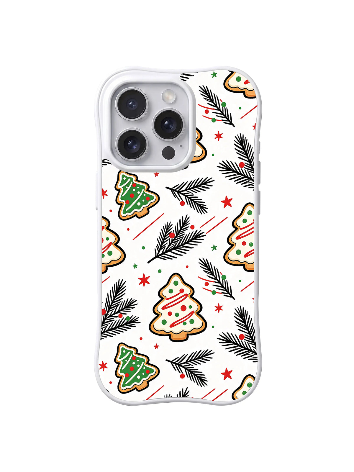 Sweet Pine Wishes / Winter Sprig Cookies: Dark fine sprigs, green-cream trees, red dots and stars.