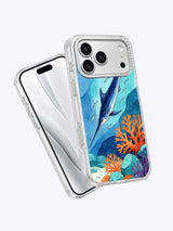 Angled view of Swordfish Crossing artwork on a transparent iPhone case