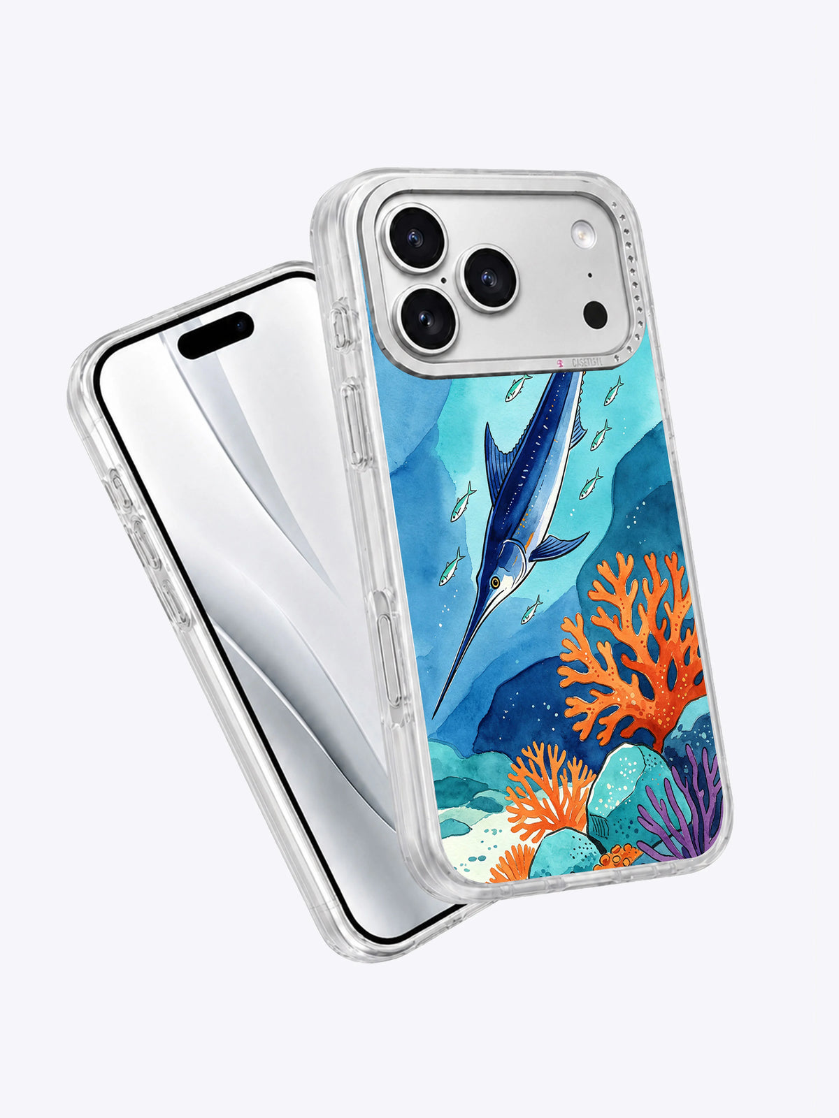Angled view of Swordfish Crossing artwork on a transparent iPhone case