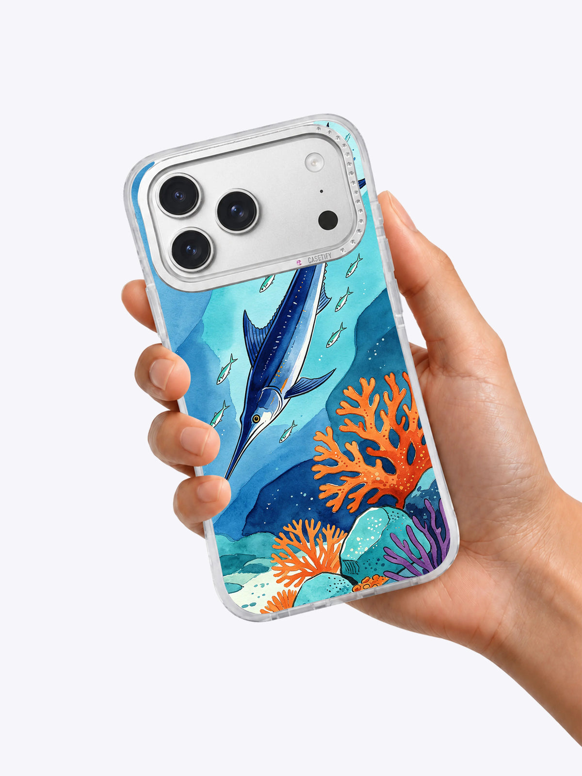 Hand holding Swordfish Crossing ocean art iPhone case